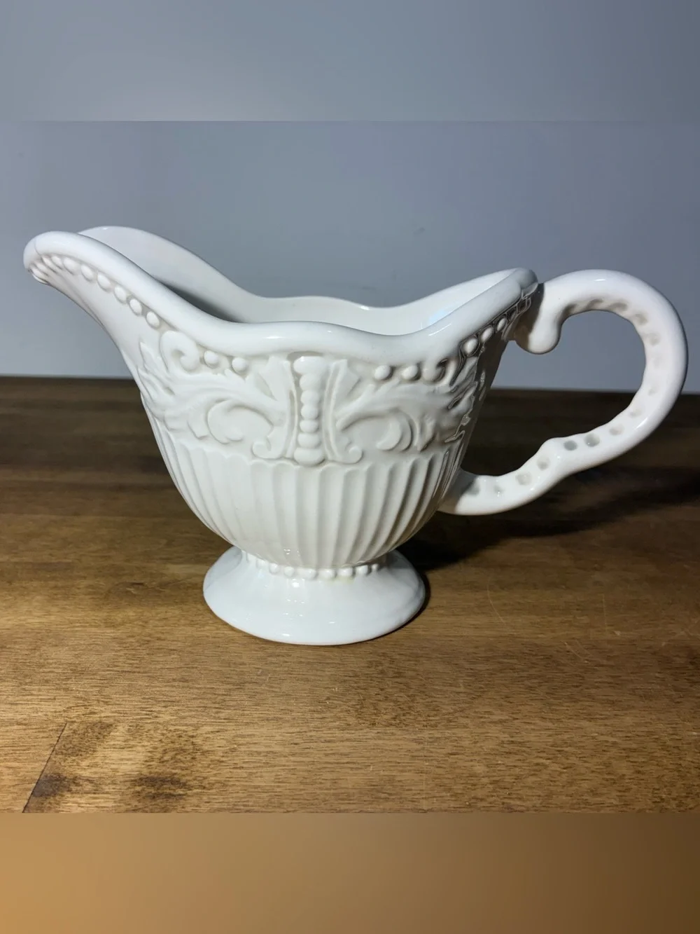A Perfect Occasion White Embossed Gravy Boat Sauce Server Scrolls China